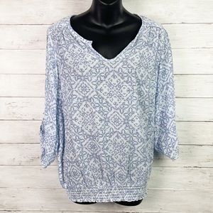 AB Studio Sheer Floral Pattern Ruched Gathered Waist Blouse